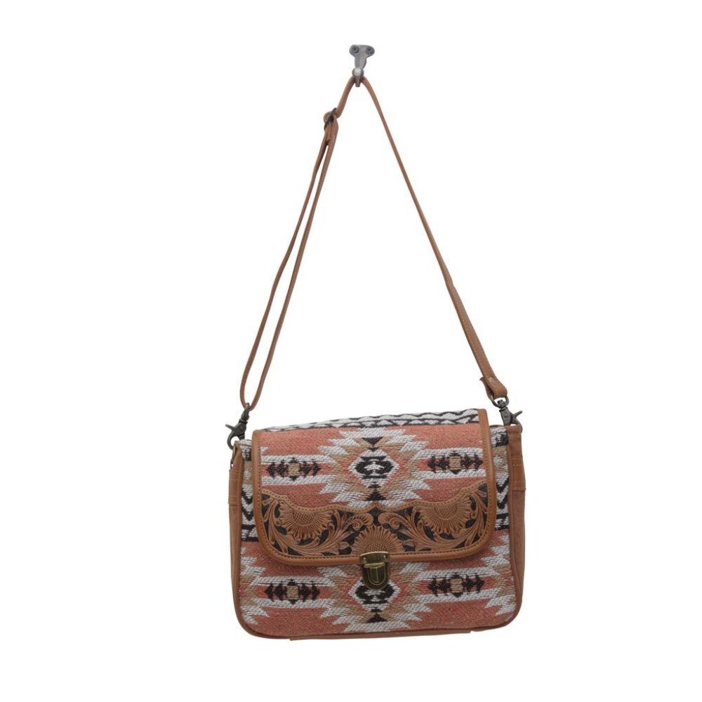 Myra Bag Handmade Sansa Hand Tooled Bag Upcycled Canvas & Cowhide Leather - Picture 4 of 7